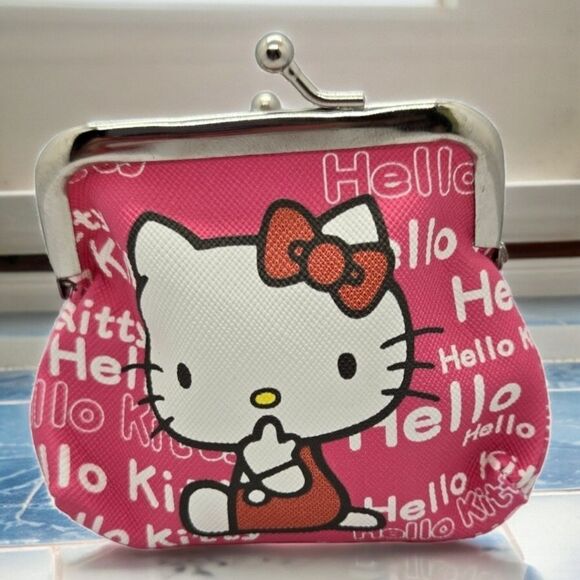 Hello Kitty Coin Pouch Mini Change Purse Pink Cartoon Cat Logo PU Leather NWT - Picture 4 of 6